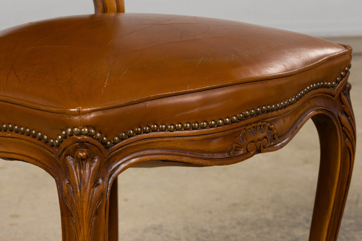 French Louis XV Style Maple Dining Chairs in Brown Leather - Set of 6