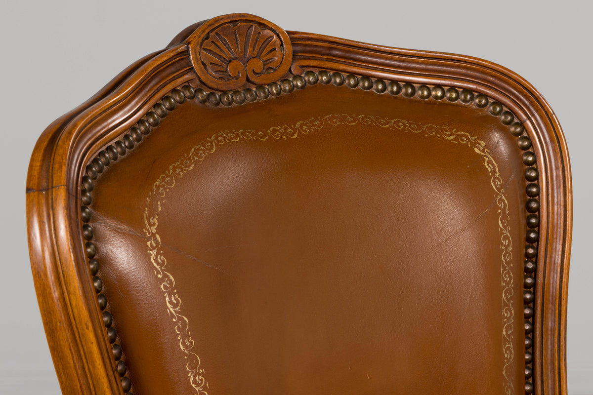French Louis XV Style Maple Dining Chairs in Brown Leather - Set of 6