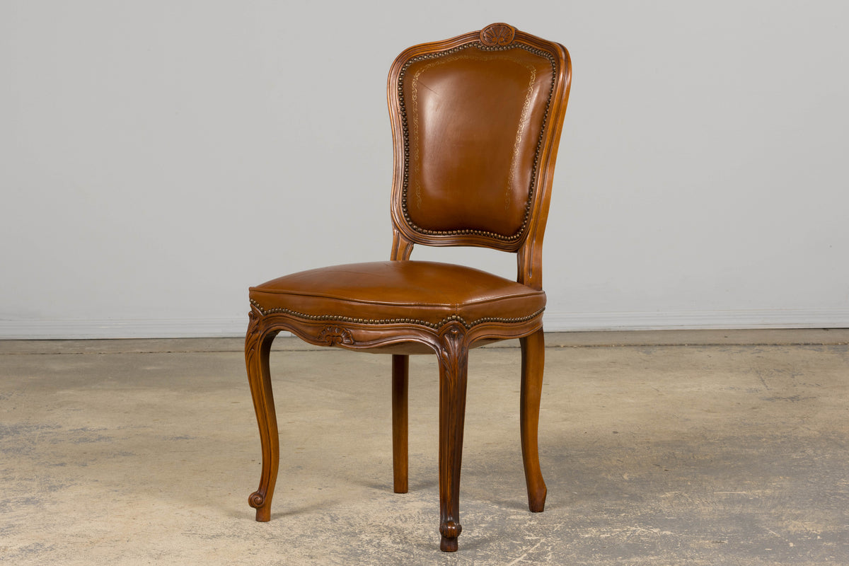 French Louis XV Style Maple Dining Chairs in Brown Leather - Set of 6