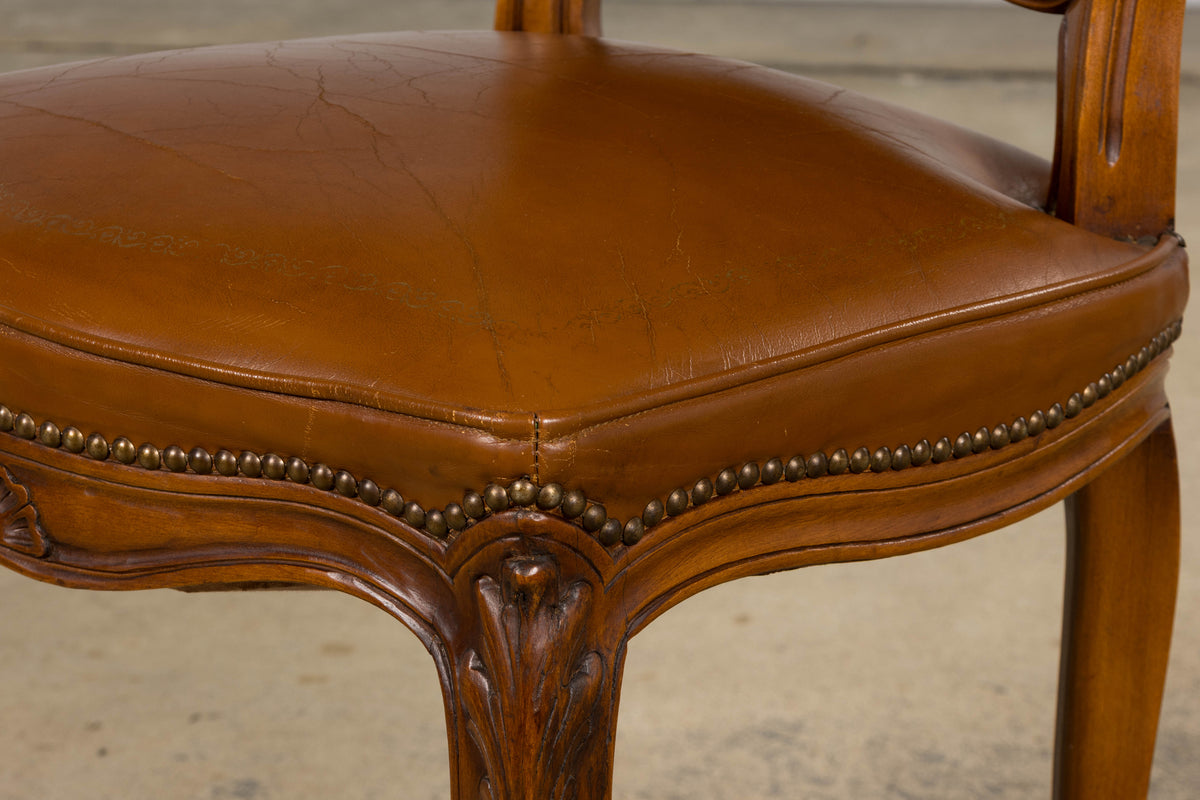French Louis XV Style Maple Dining Chairs in Brown Leather - Set of 6