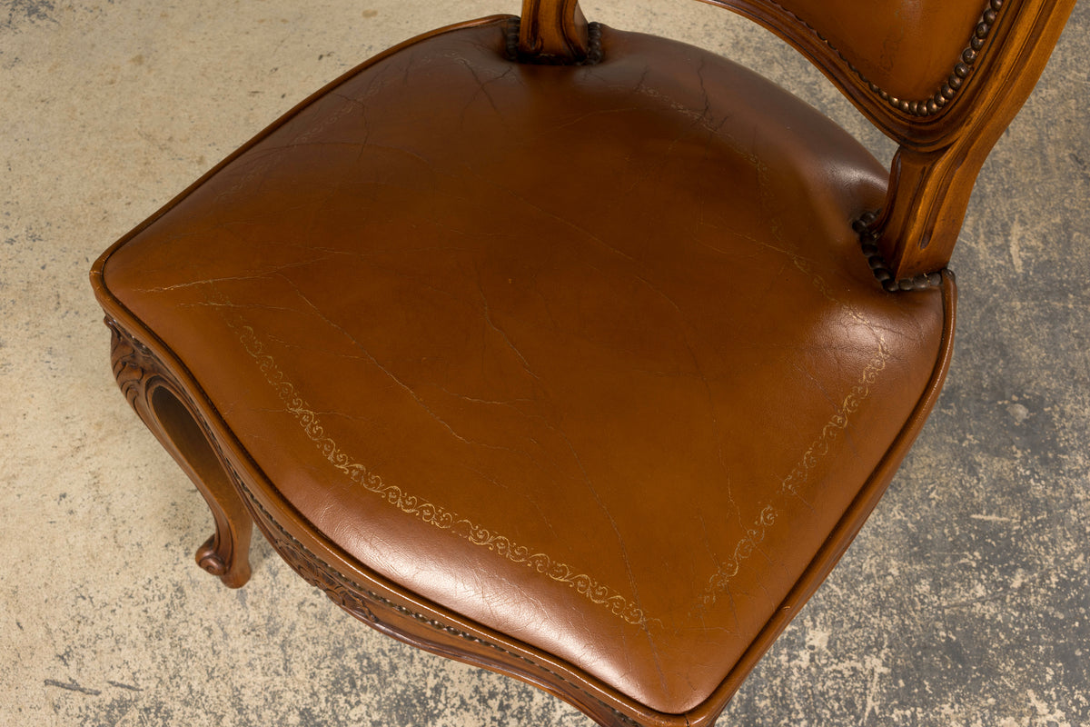 French Louis XV Style Maple Dining Chairs in Brown Leather - Set of 6