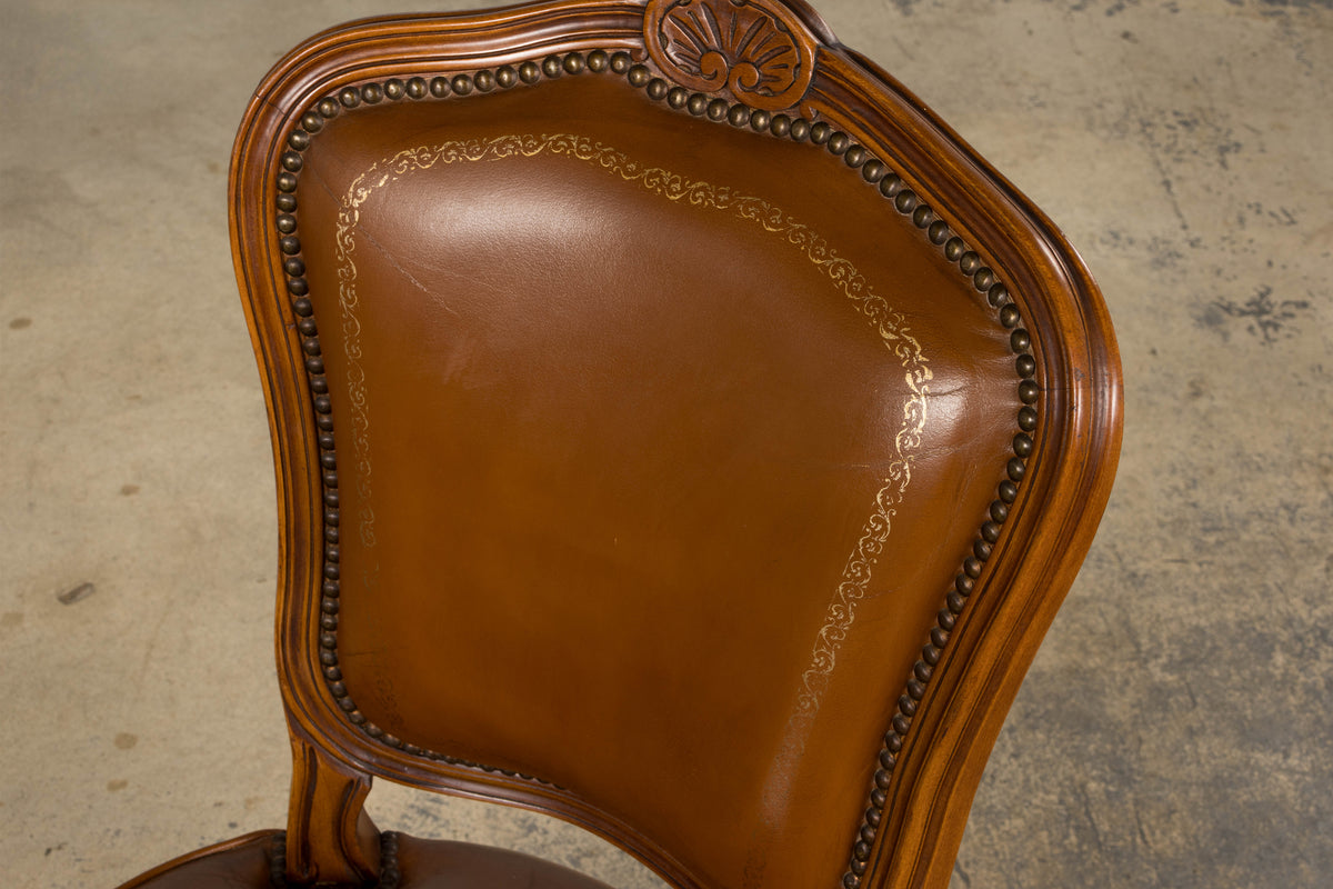 French Louis XV Style Maple Dining Chairs in Brown Leather - Set of 6