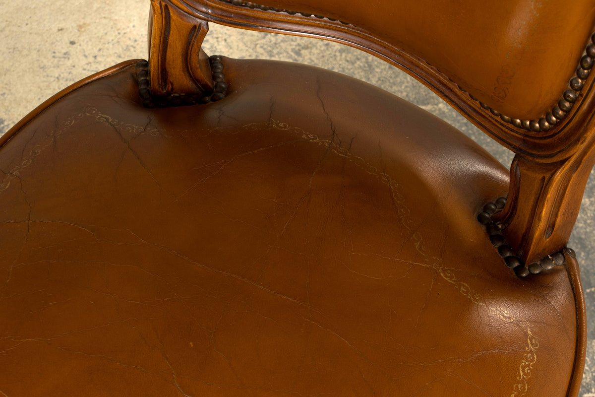 French Louis XV Style Maple Dining Chairs in Brown Leather - Set of 6