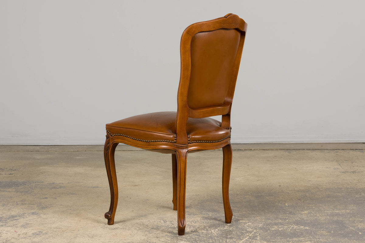 French Louis XV Style Maple Dining Chairs in Brown Leather - Set of 6