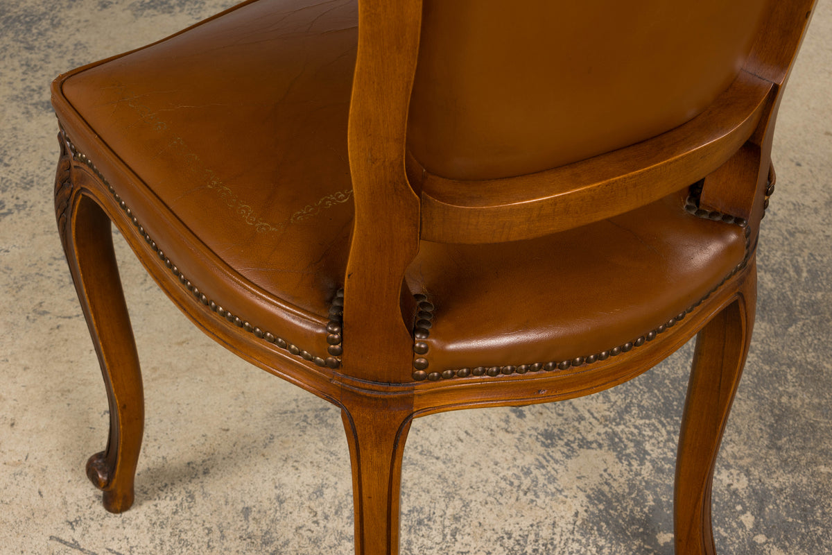 French Louis XV Style Maple Dining Chairs in Brown Leather - Set of 6