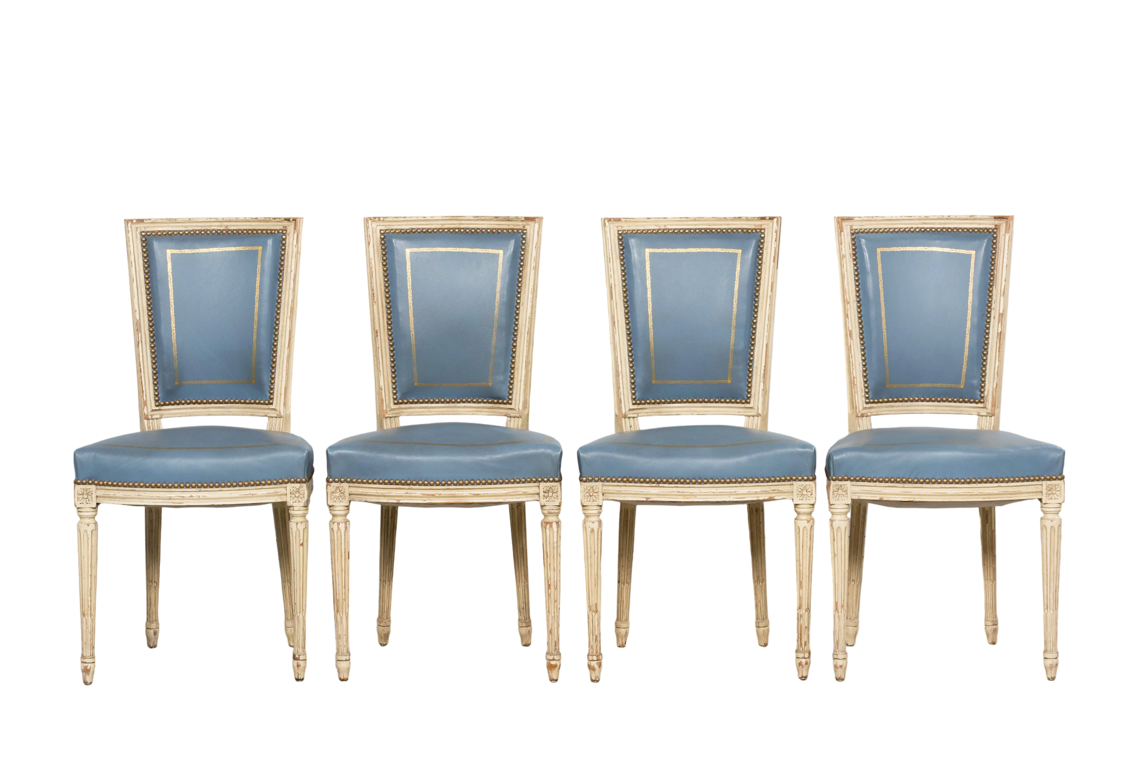 Antique French Louis XVI Style Painted Dining Chairs in French Blue - Set of 4