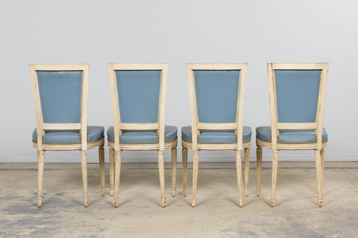 Antique French Louis XVI Style Painted Dining Chairs in French Blue - Set of 4