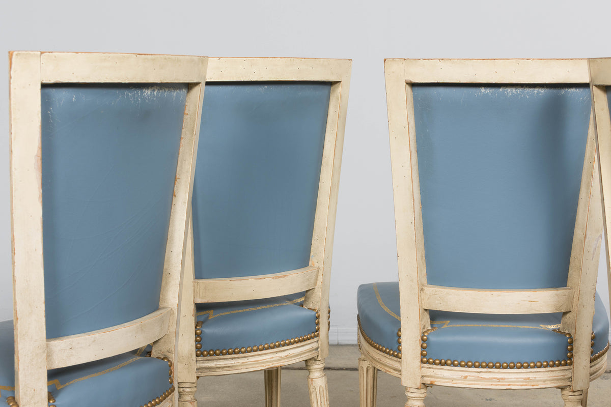 Antique French Louis XVI Style Painted Dining Chairs in French Blue - Set of 4
