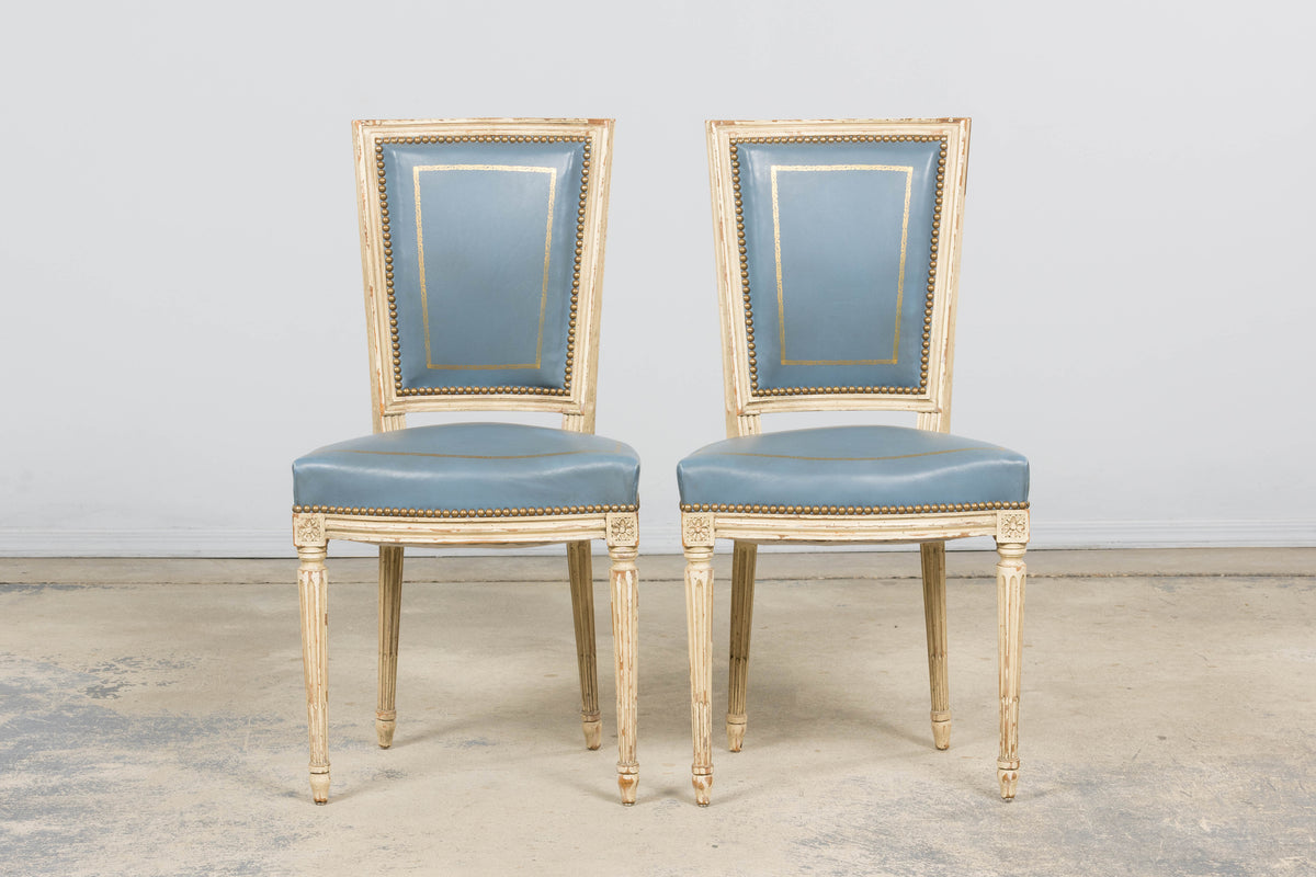 Antique French Louis XVI Style Painted Dining Chairs in French Blue - Set of 4