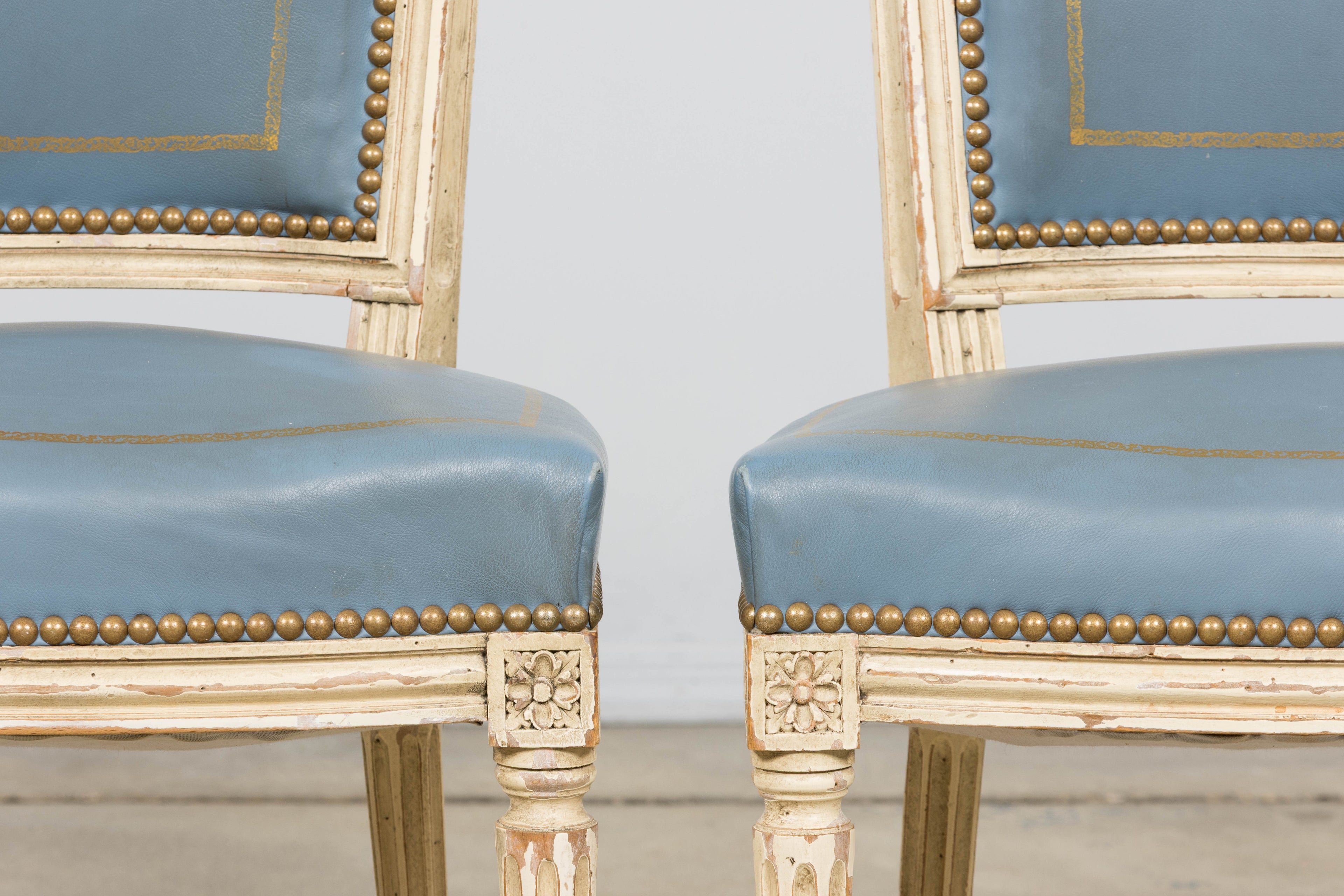 Antique French Louis XVI Style Painted Dining Chairs in French Blue - Set of 4
