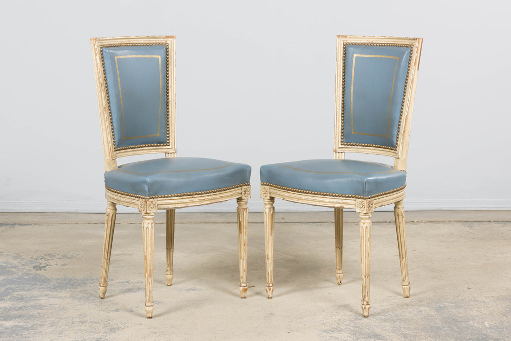 Antique French Louis XVI Style Painted Dining Chairs in French Blue - Set of 4