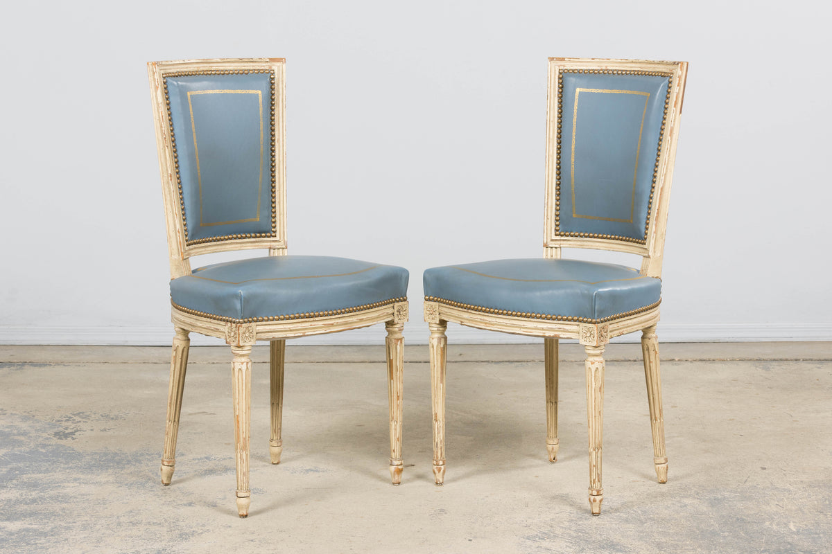 Antique French Louis XVI Style Painted Dining Chairs in French Blue - Set of 4