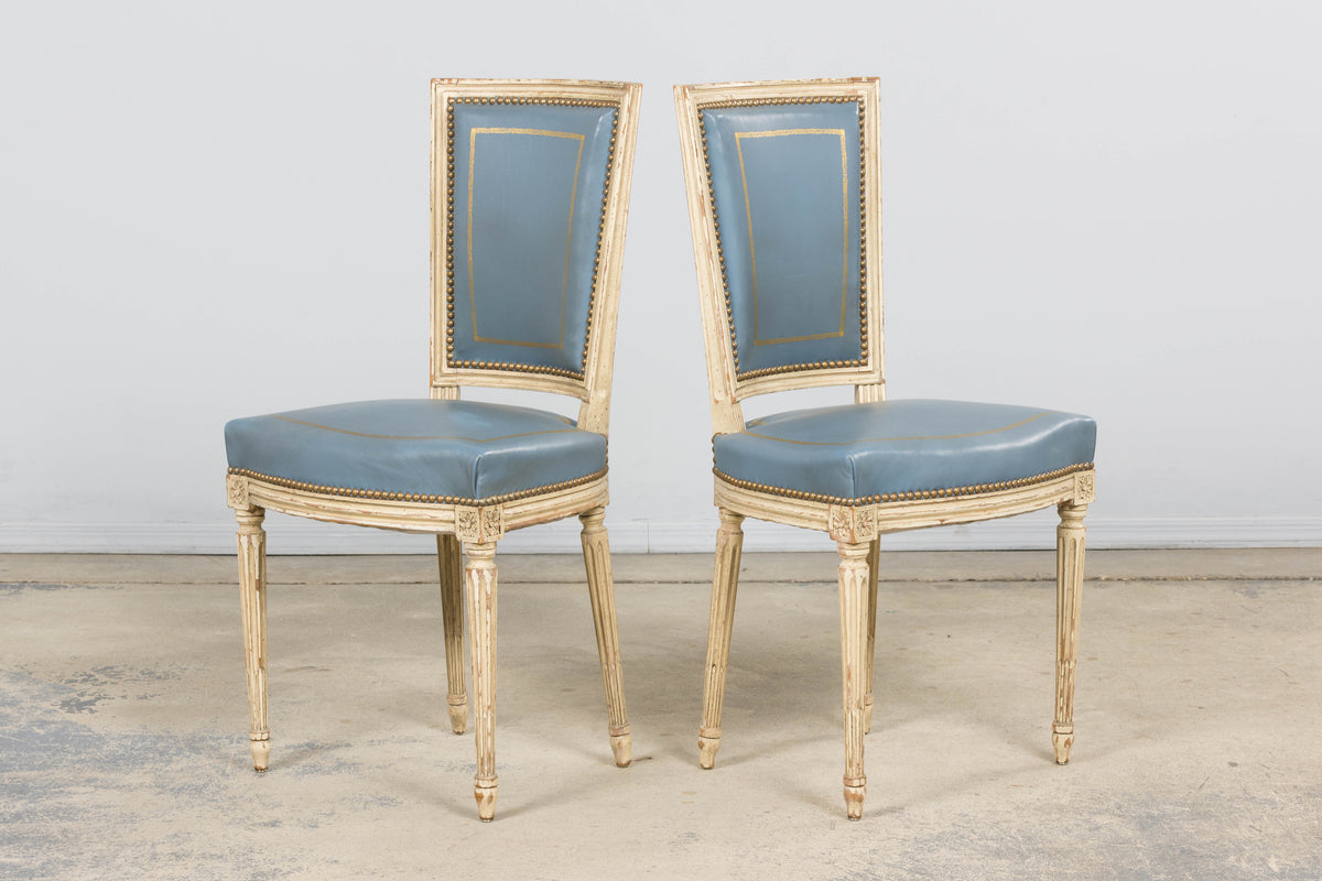 Antique French Louis XVI Style Painted Dining Chairs in French Blue - Set of 4