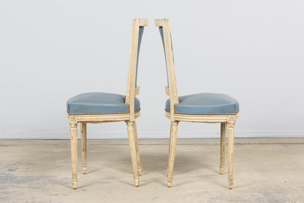 Antique French Louis XVI Style Painted Dining Chairs in French Blue - Set of 4