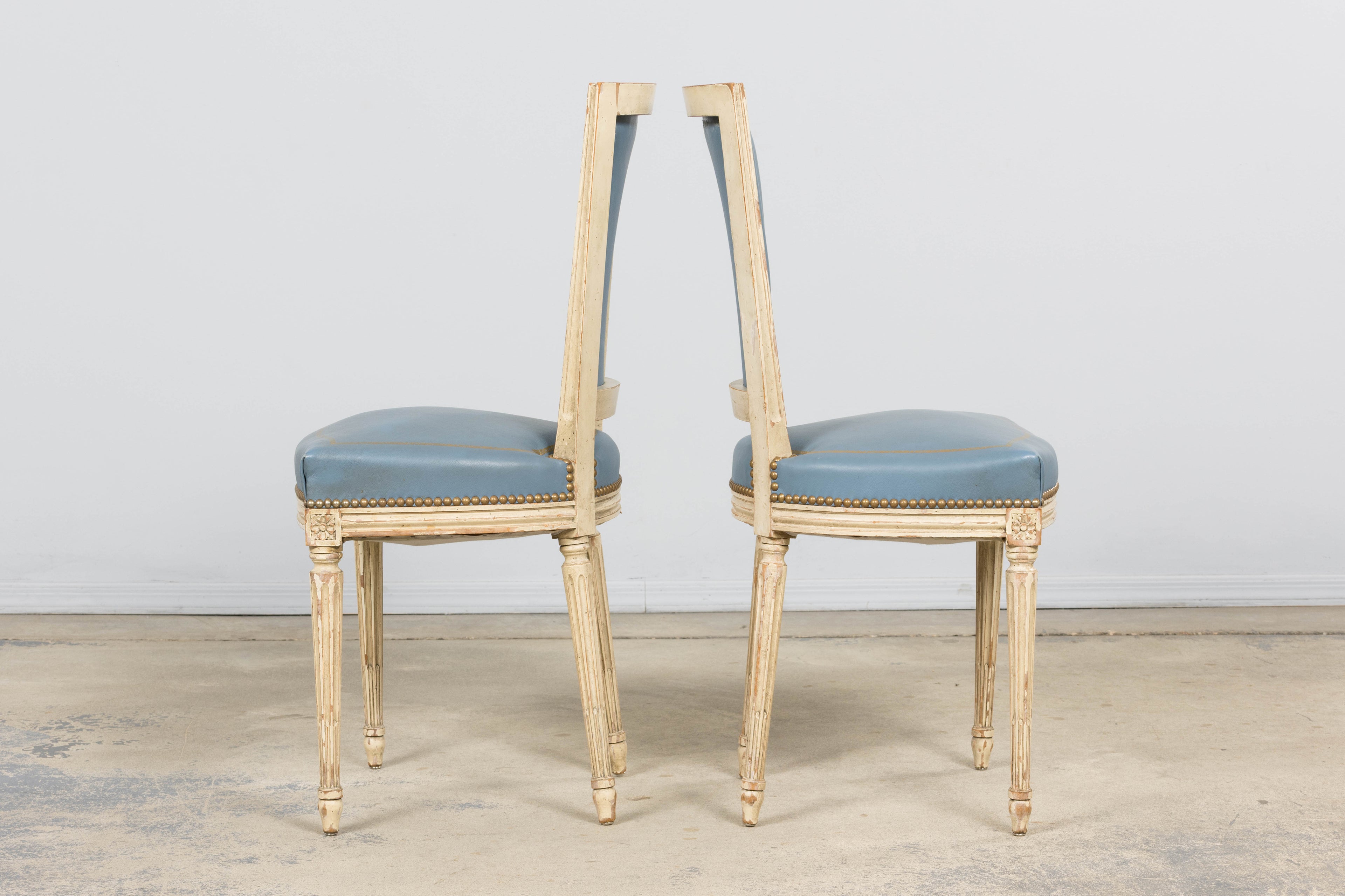 Antique French Louis XVI Style Painted Dining Chairs in French Blue - Set of 4