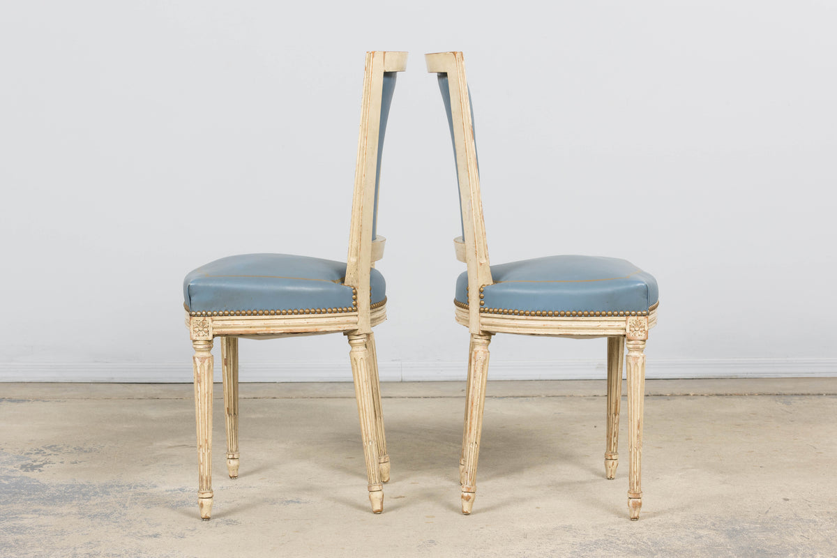Antique French Louis XVI Style Painted Dining Chairs in French Blue - Set of 4
