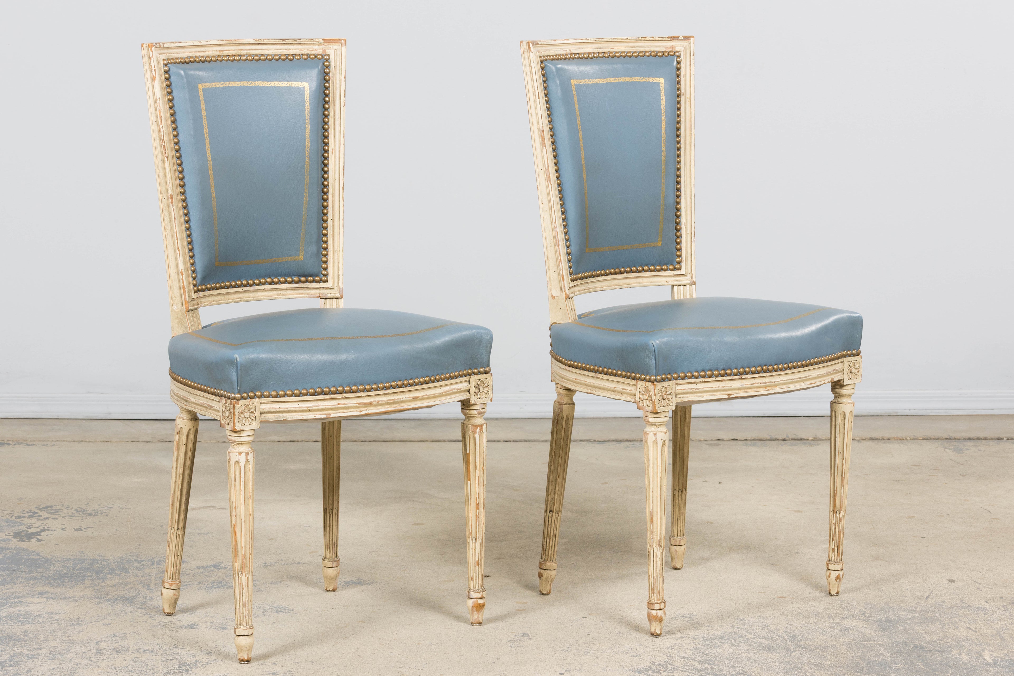 Antique French Louis XVI Style Painted Dining Chairs in French Blue - Set of 4