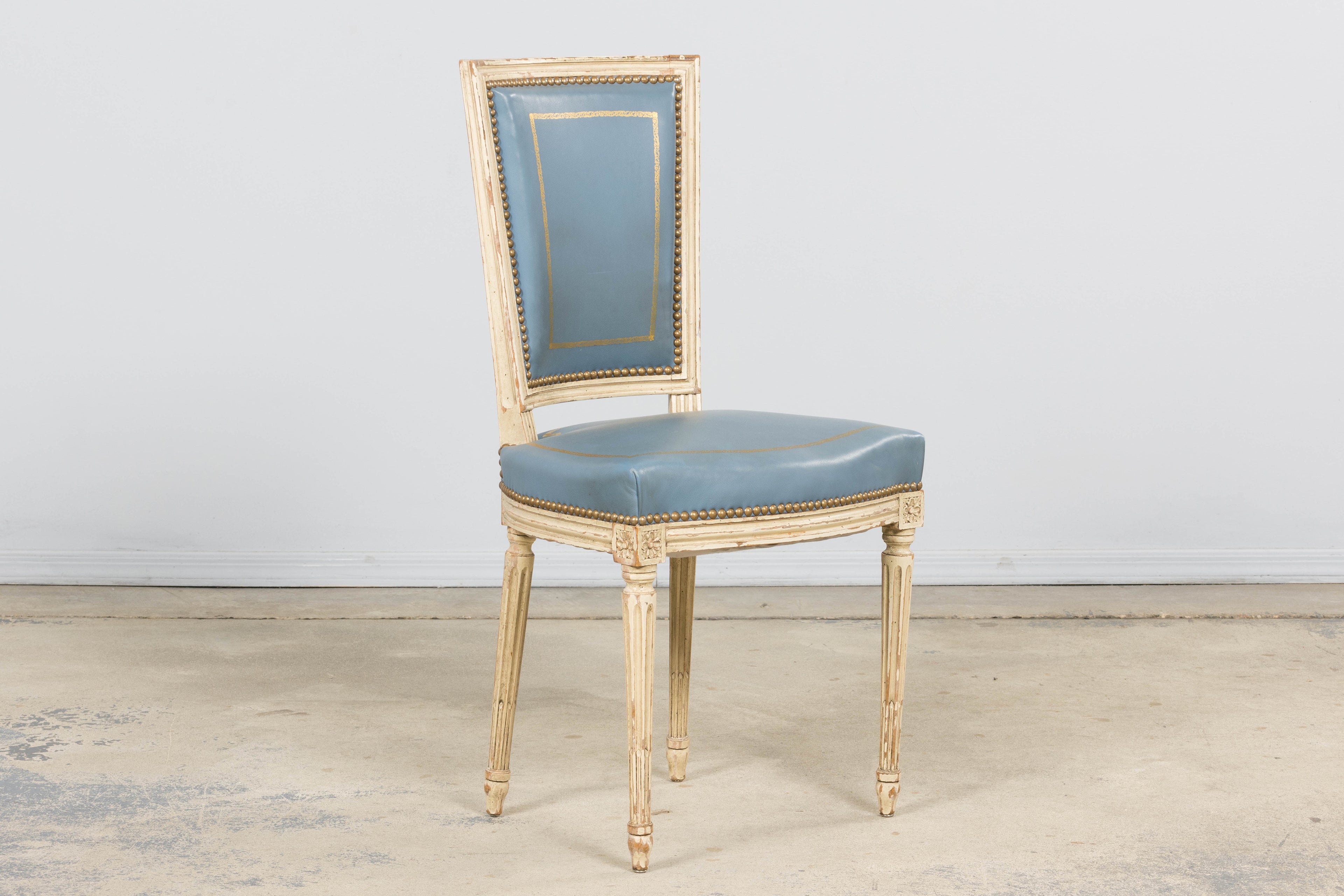 Antique French Louis XVI Style Painted Dining Chairs in French Blue - Set of 4