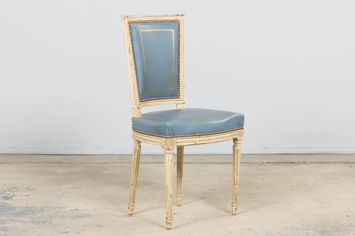 Antique French Louis XVI Style Painted Dining Chairs in French Blue - Set of 4