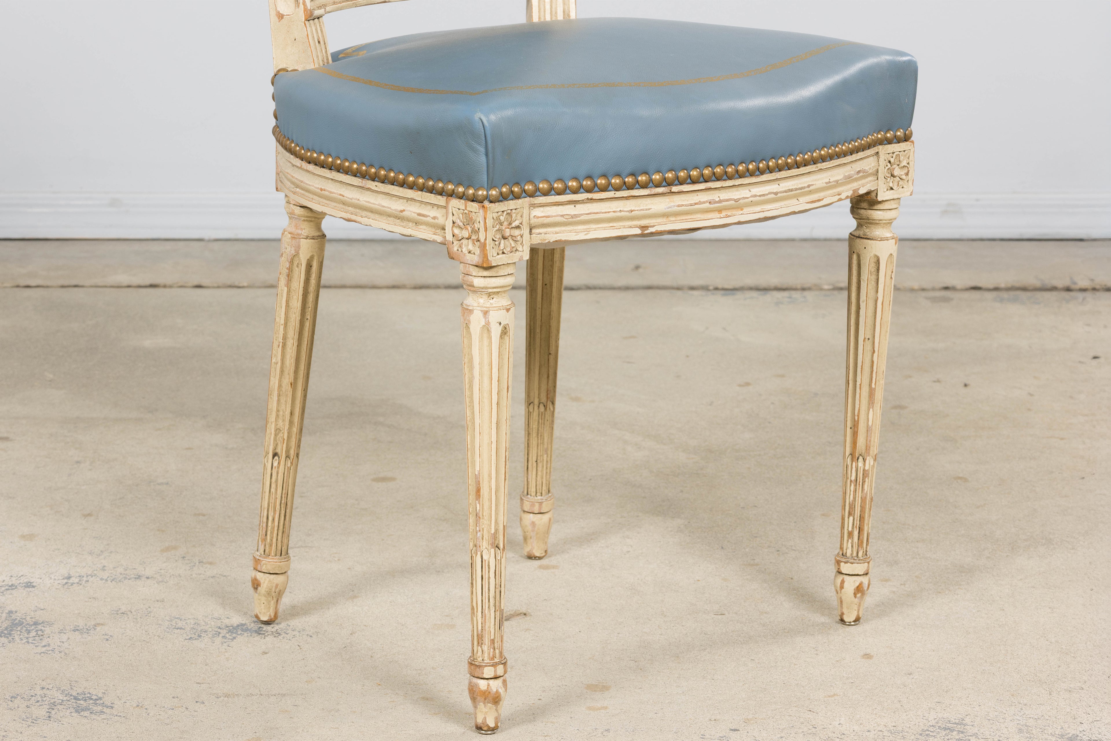 Antique French Louis XVI Style Painted Dining Chairs in French Blue - Set of 4