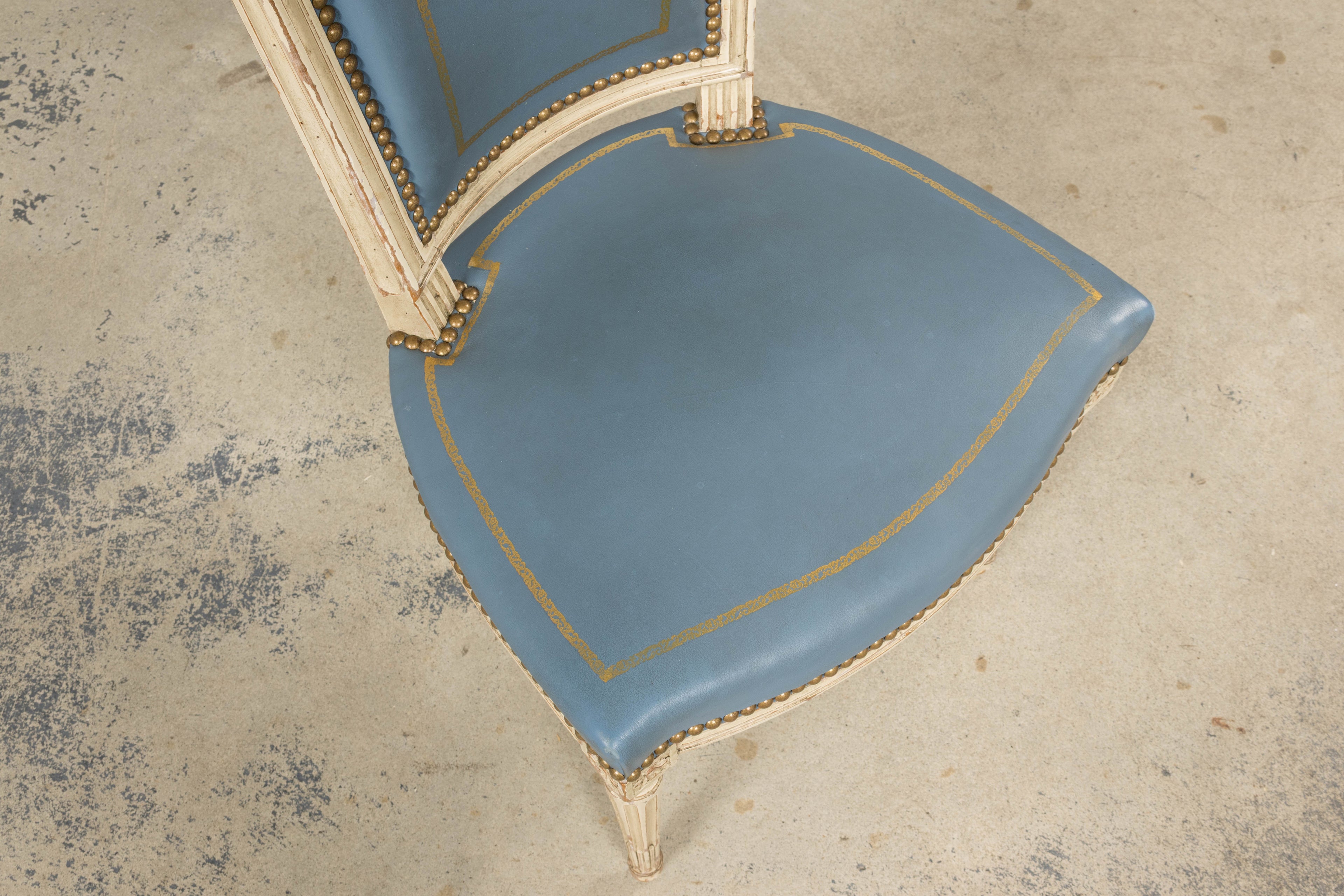 Antique French Louis XVI Style Painted Dining Chairs in French Blue - Set of 4