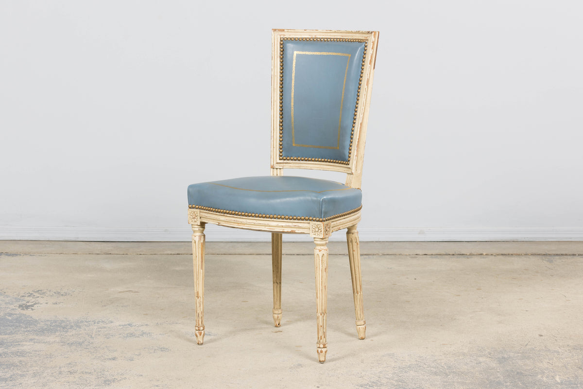 Antique French Louis XVI Style Painted Dining Chairs in French Blue - Set of 4
