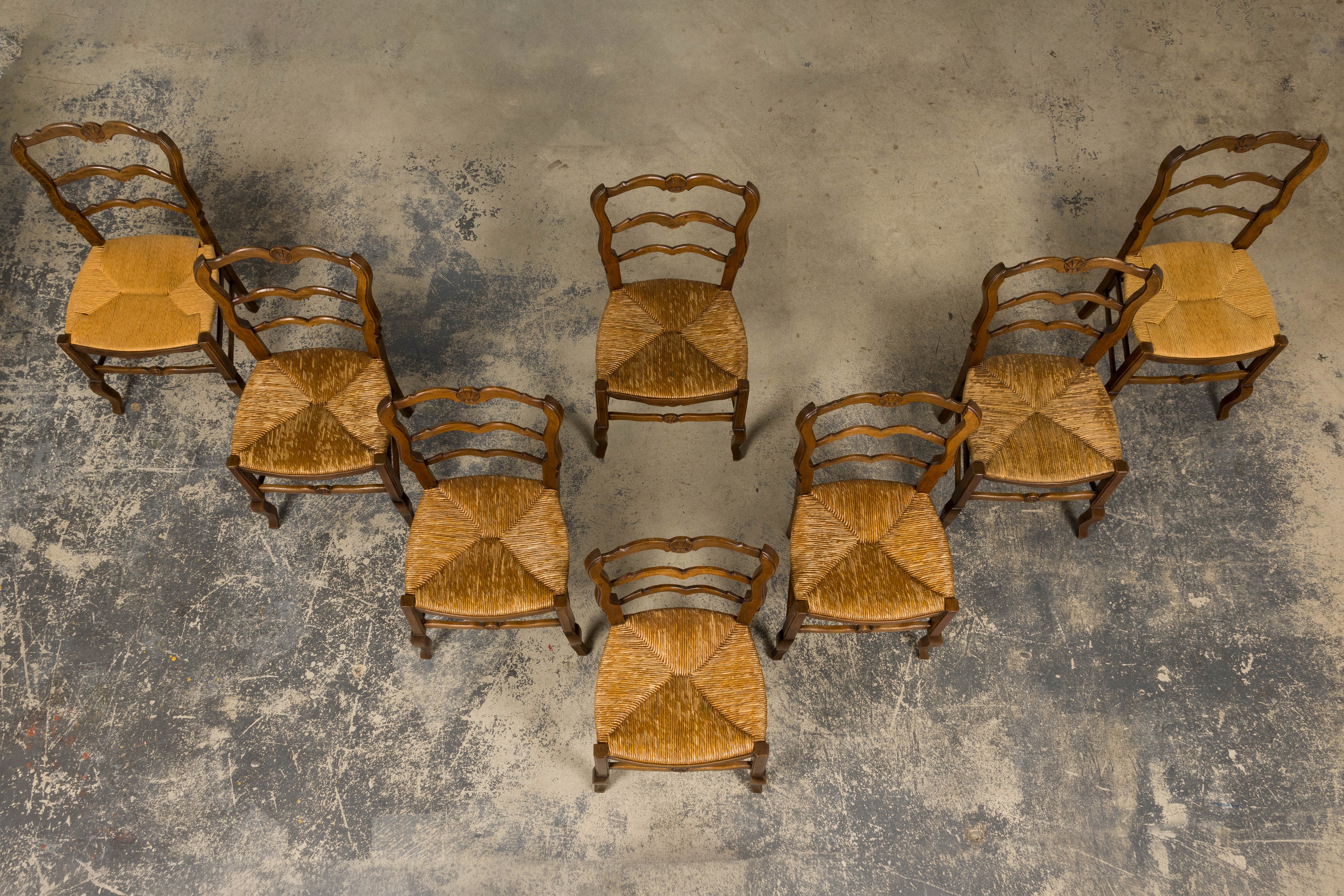 ON HOLD 19th Century French Provincial Ladder Back Maple Dining Chairs W/ Rust Seats - Set of 8