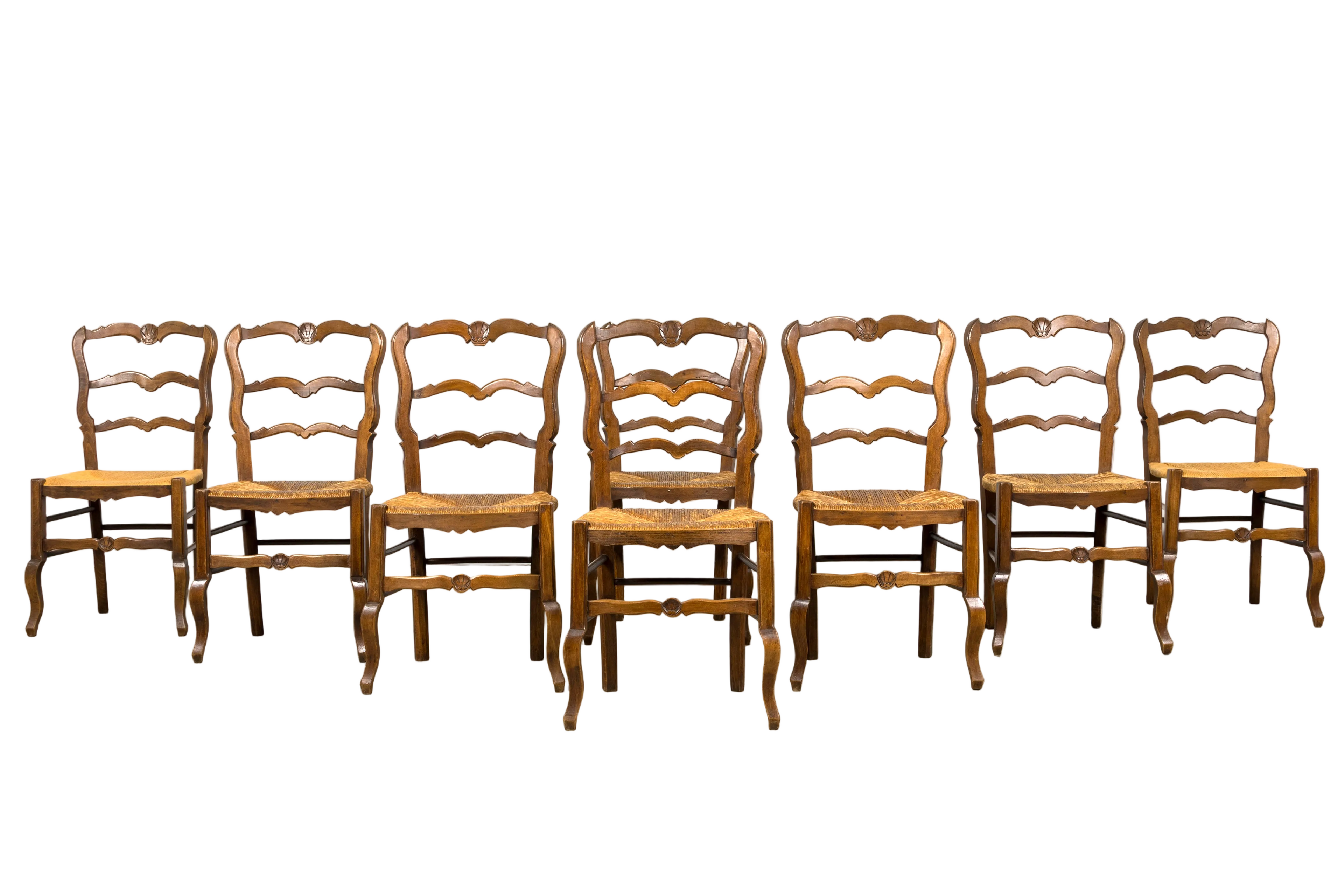 ON HOLD 19th Century French Provincial Ladder Back Maple Dining Chairs W/ Rust Seats - Set of 8