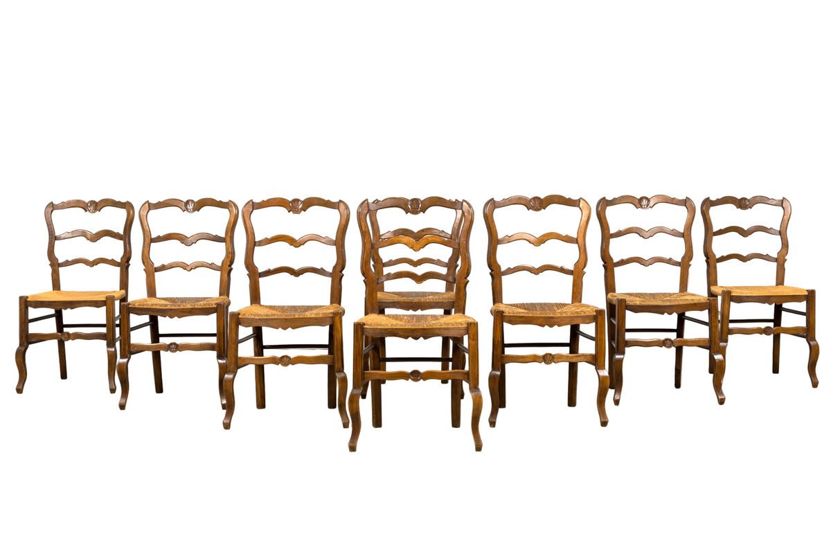 19th Century French Provincial Ladder Back Maple Dining Chairs W/ Rust Seats - Set of 8