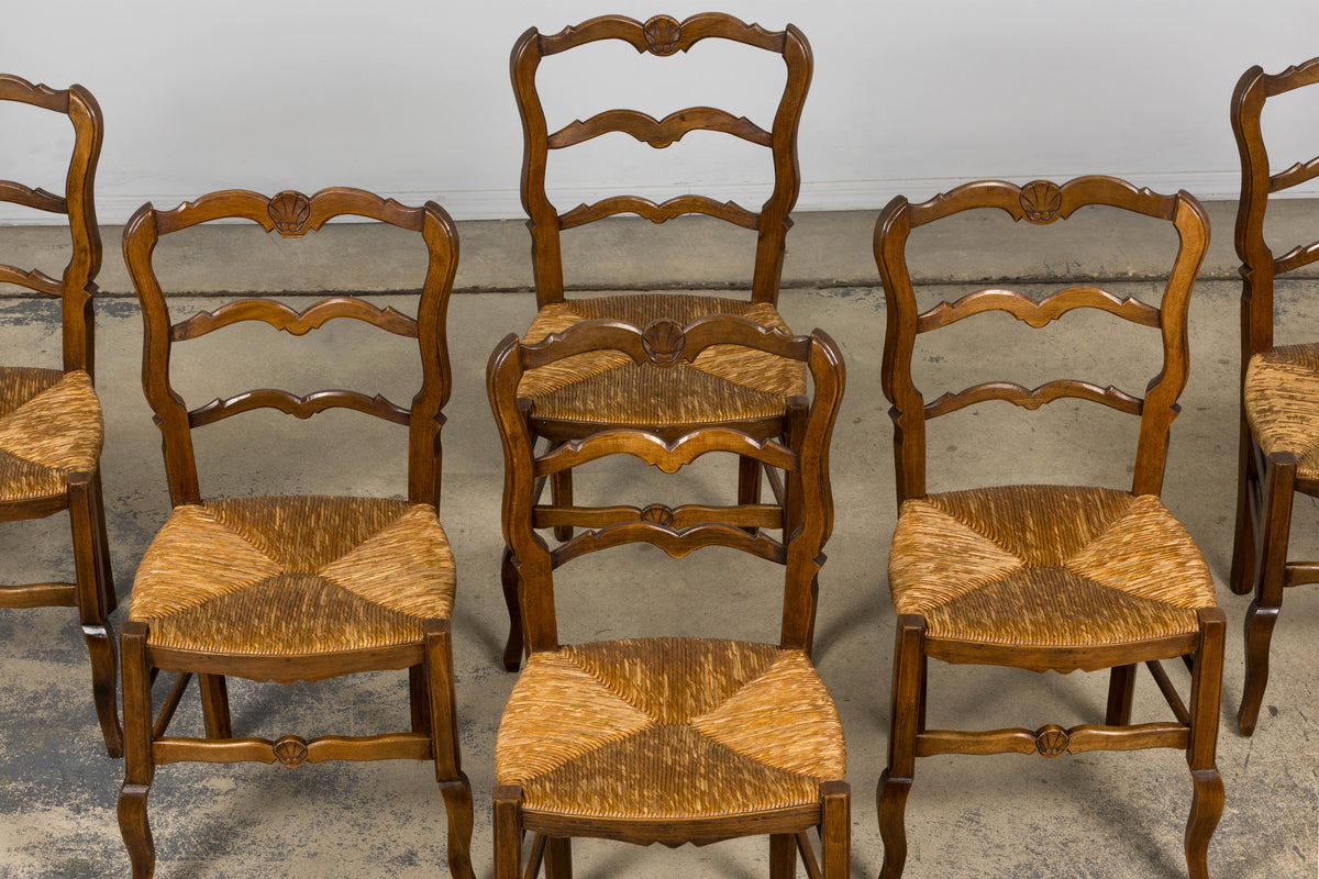 19th Century French Provincial Ladder Back Maple Dining Chairs W/ Rust Seats - Set of 8
