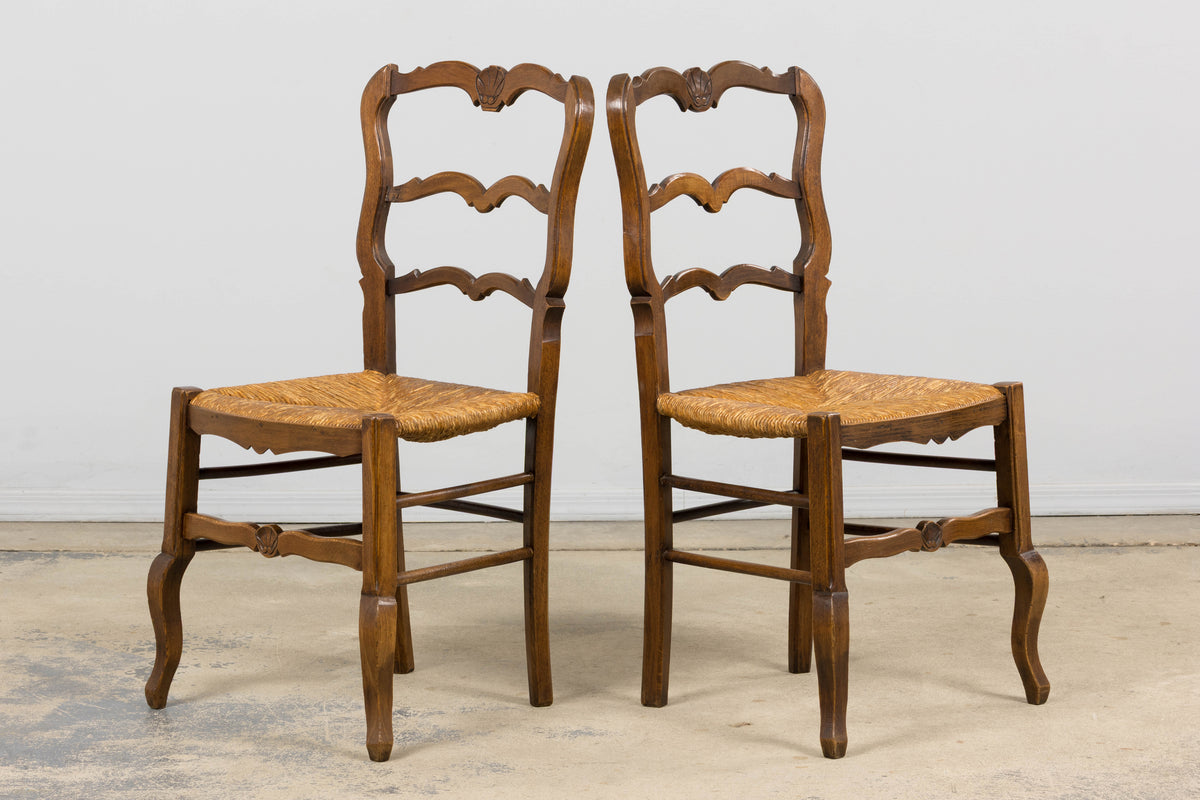 19th Century French Provincial Ladder Back Maple Dining Chairs W/ Rust Seats - Set of 8