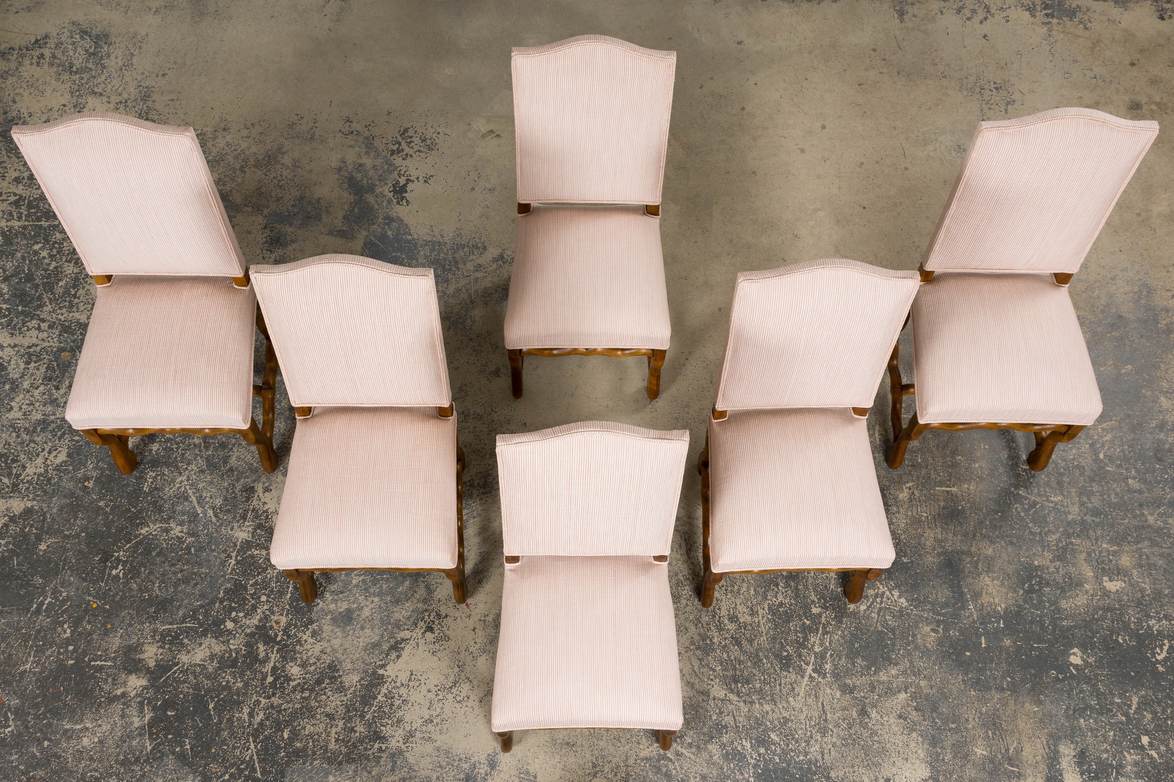 Antique French Louis XIII Style Os De Mouton Oak Dining Chairs in Blush Pink Stripe- Set of 6