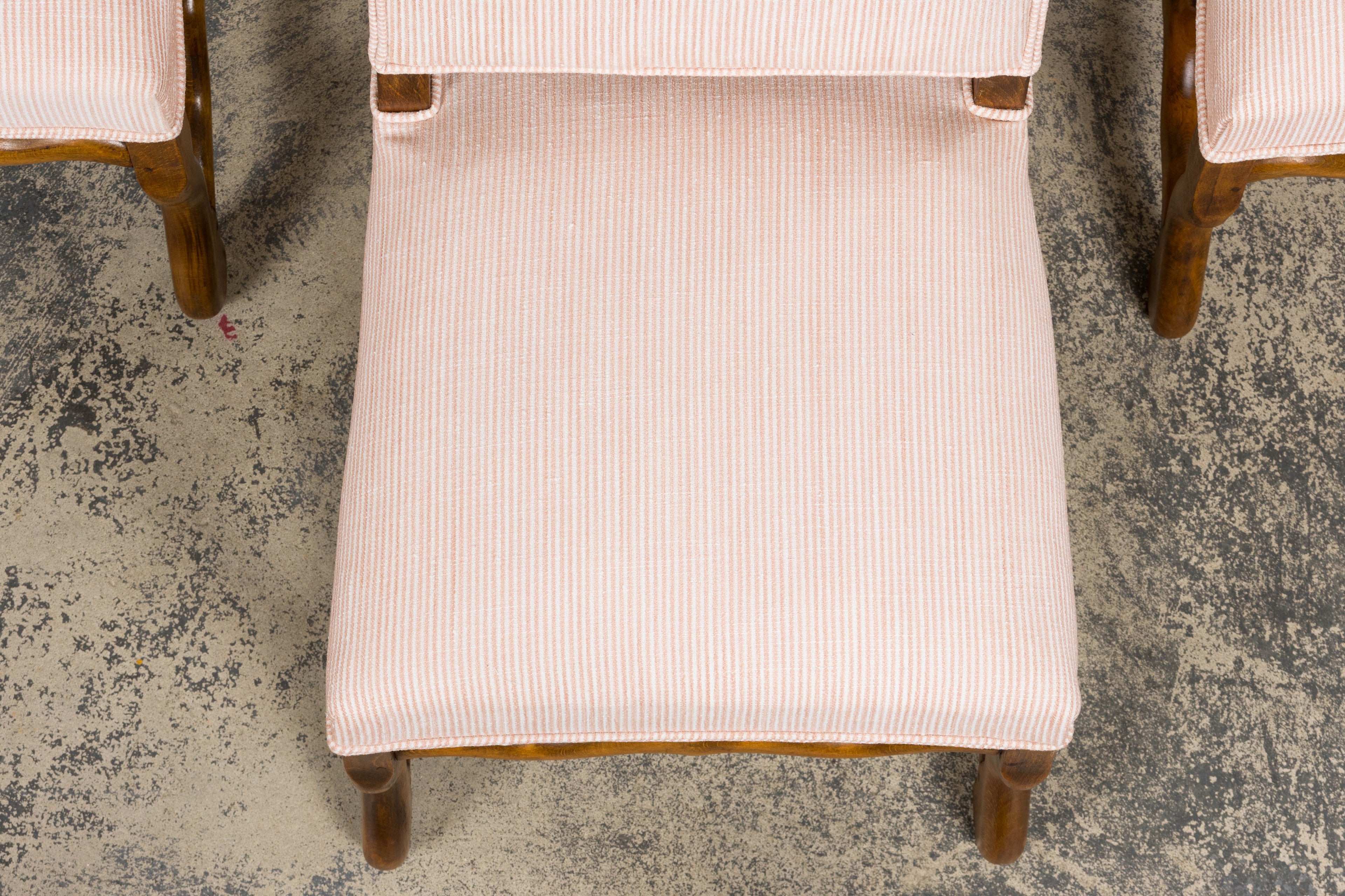Antique French Louis XIII Style Os De Mouton Oak Dining Chairs in Blush Pink Stripe- Set of 6