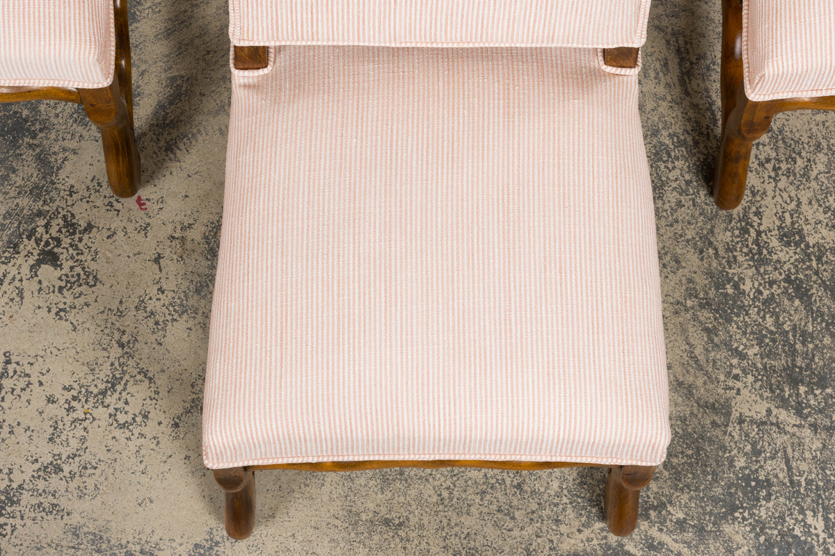 Antique French Louis XIII Style Os De Mouton Oak Dining Chairs in Blush Pink Stripe- Set of 6