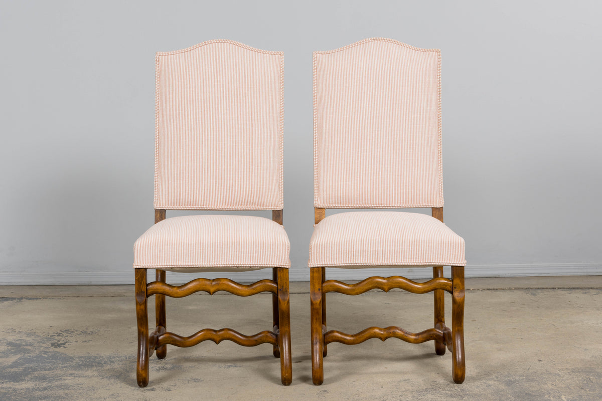 Antique French Louis XIII Style Os De Mouton Oak Dining Chairs in Blush Pink Stripe- Set of 6