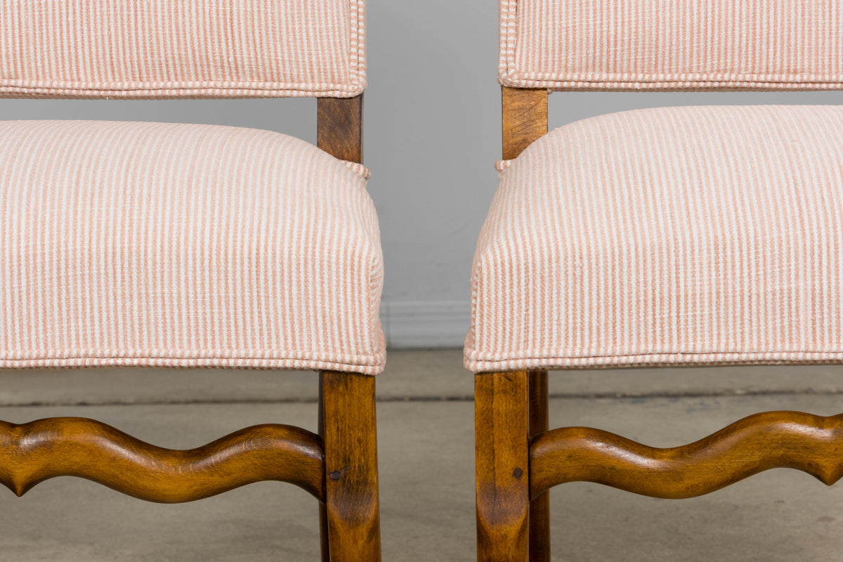 Antique French Louis XIII Style Os De Mouton Oak Dining Chairs in Blush Pink Stripe- Set of 6