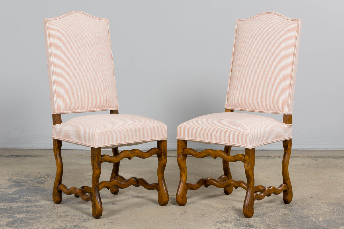 Antique French Louis XIII Style Os De Mouton Oak Dining Chairs in Blush Pink Stripe- Set of 6