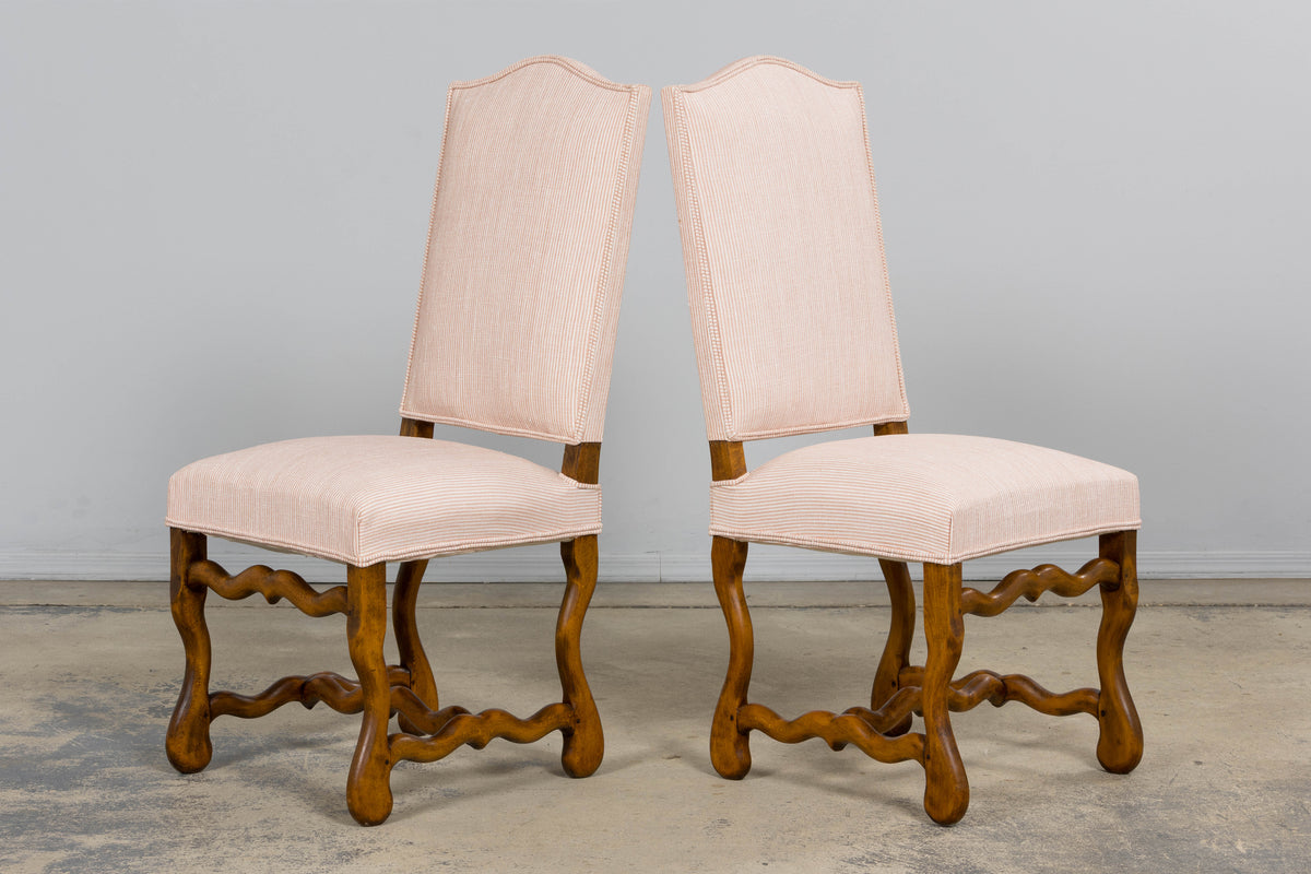 Antique French Louis XIII Style Os De Mouton Oak Dining Chairs in Blush Pink Stripe- Set of 6