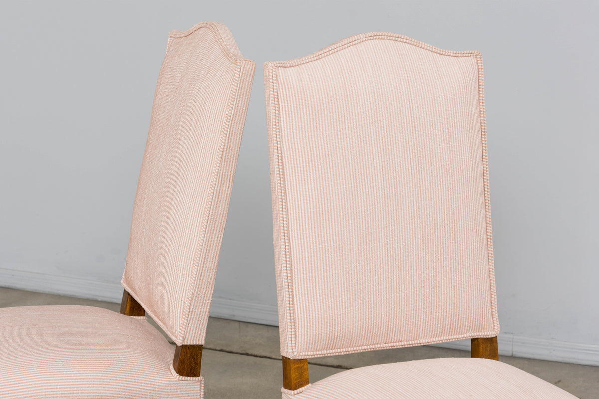 Antique French Louis XIII Style Os De Mouton Oak Dining Chairs in Blush Pink Stripe- Set of 6