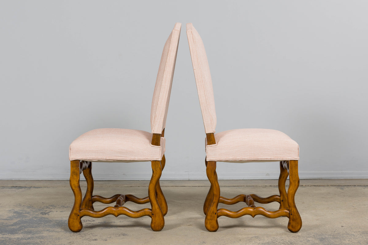 Antique French Louis XIII Style Os De Mouton Oak Dining Chairs in Blush Pink Stripe- Set of 6