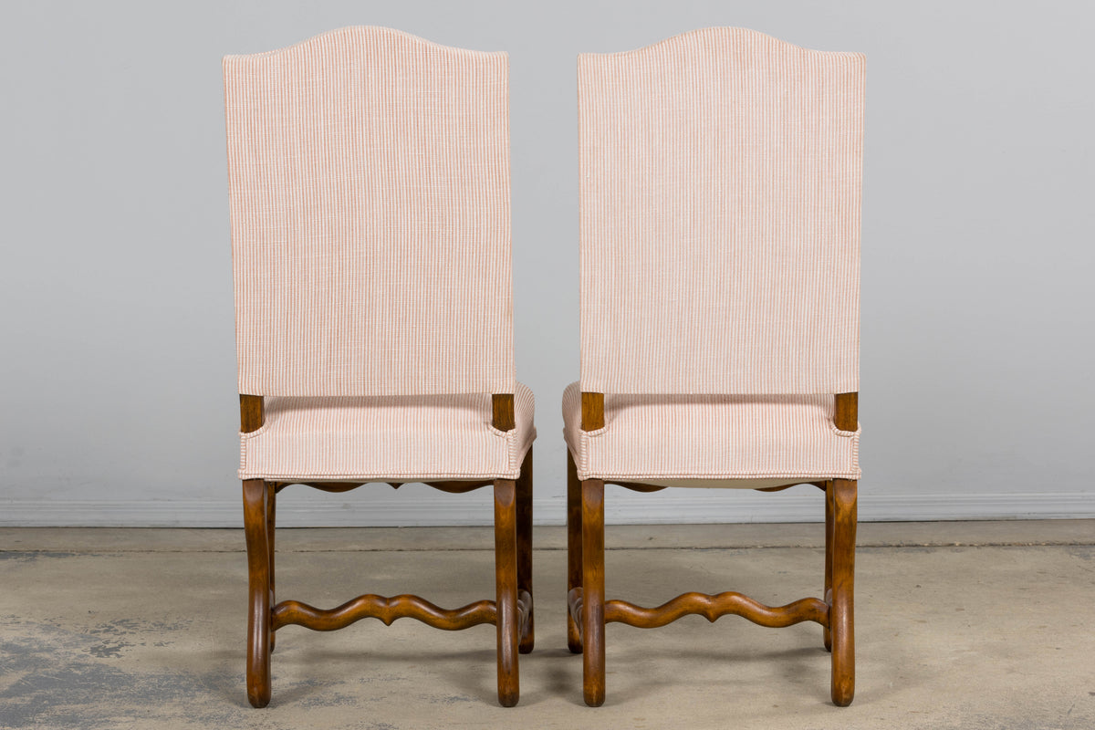 Antique French Louis XIII Style Os De Mouton Oak Dining Chairs in Blush Pink Stripe- Set of 6