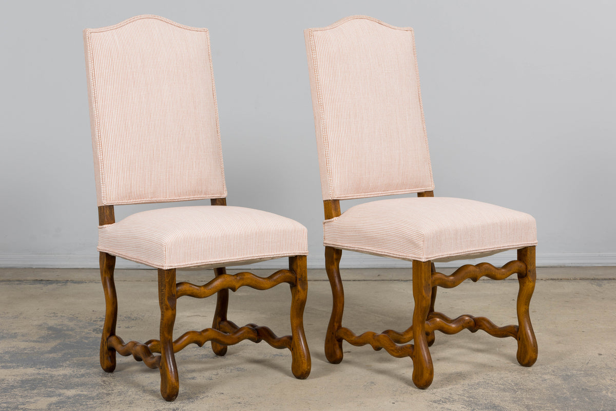 Antique French Louis XIII Style Os De Mouton Oak Dining Chairs in Blush Pink Stripe- Set of 6