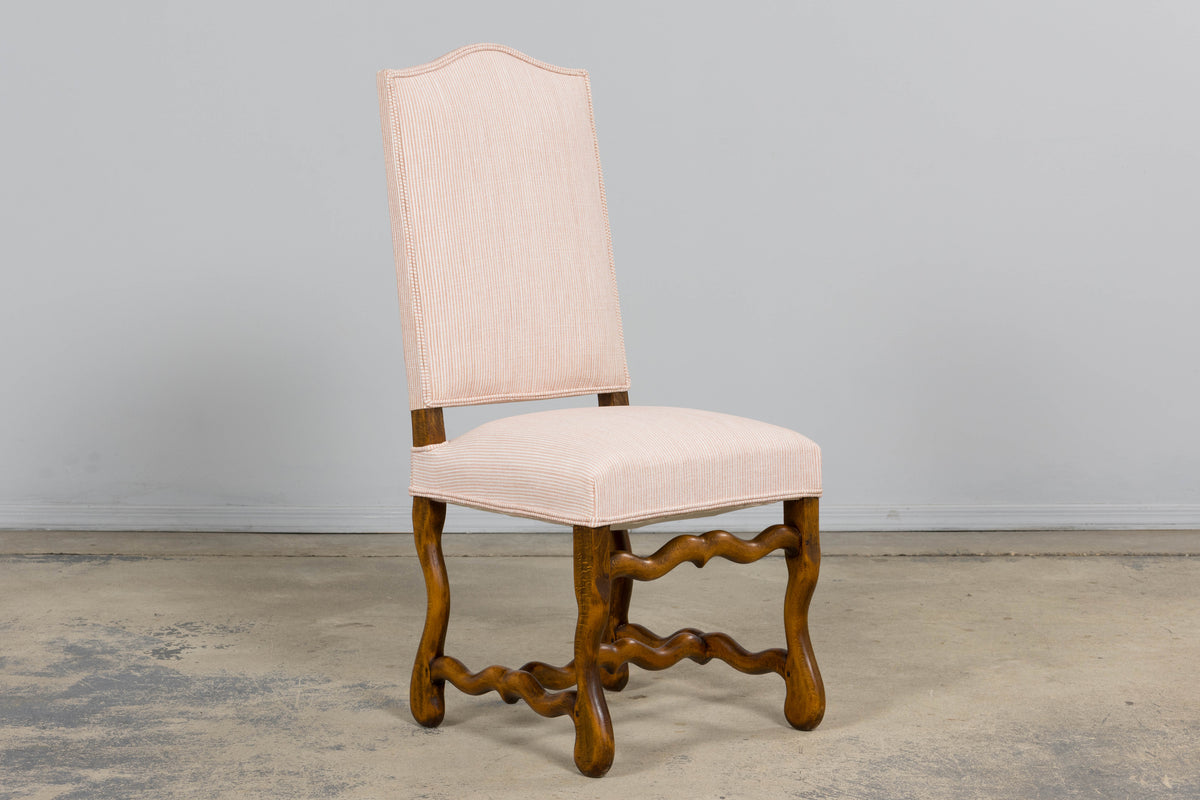Antique French Louis XIII Style Os De Mouton Oak Dining Chairs in Blush Pink Stripe- Set of 6