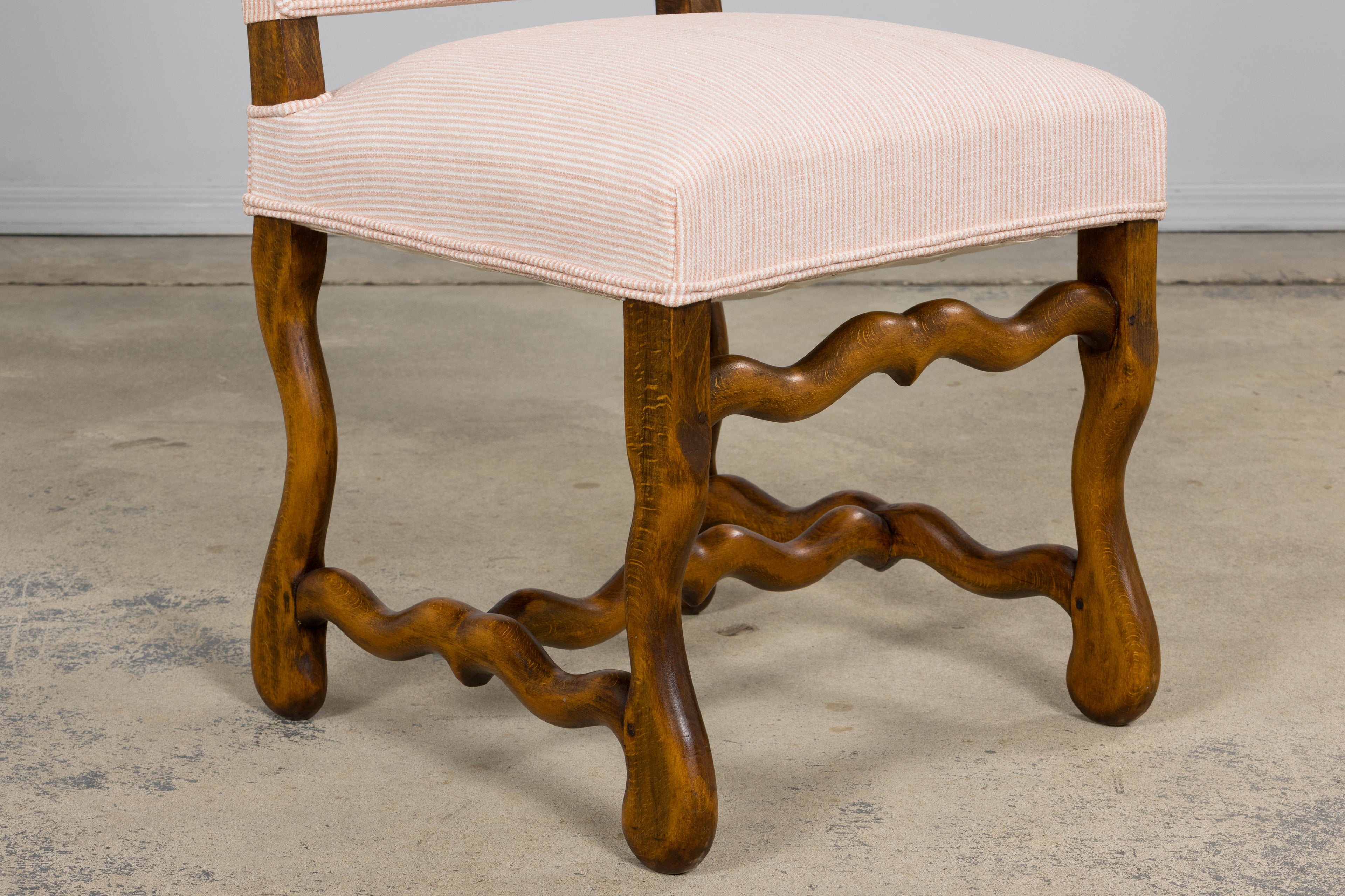 Antique French Louis XIII Style Os De Mouton Oak Dining Chairs in Blush Pink Stripe- Set of 6