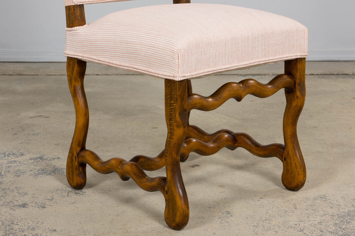 Antique French Louis XIII Style Os De Mouton Oak Dining Chairs in Blush Pink Stripe- Set of 6
