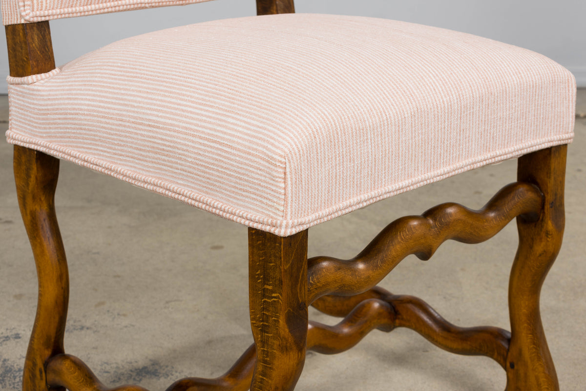 Antique French Louis XIII Style Os De Mouton Oak Dining Chairs in Blush Pink Stripe- Set of 6