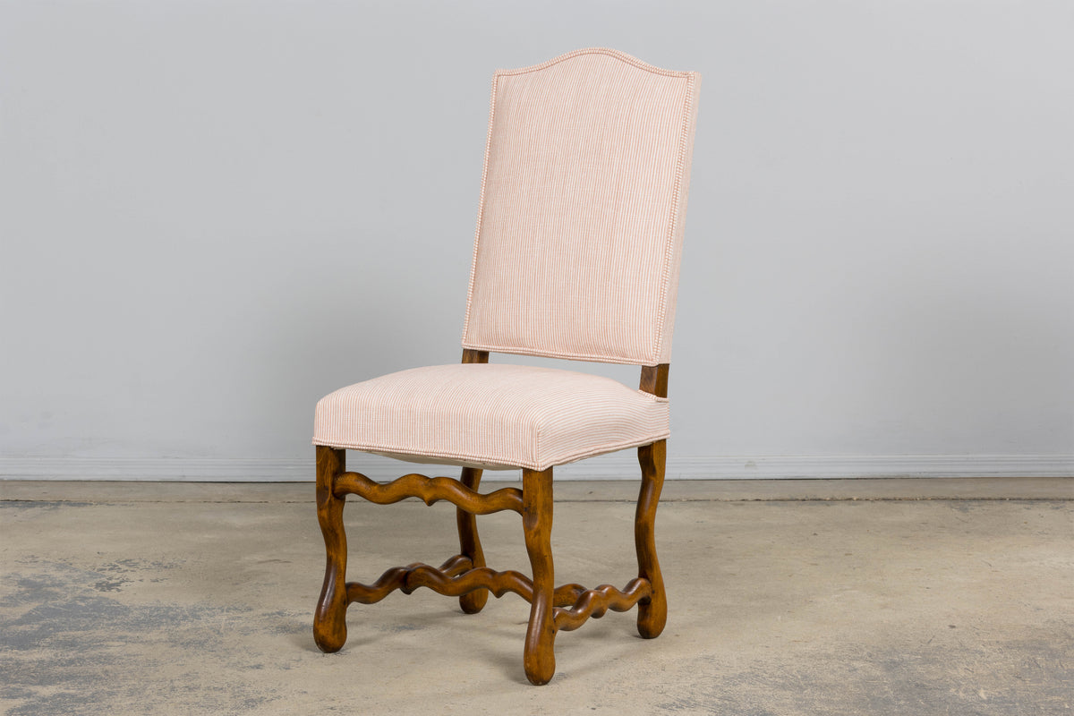 Antique French Louis XIII Style Os De Mouton Oak Dining Chairs in Blush Pink Stripe- Set of 6