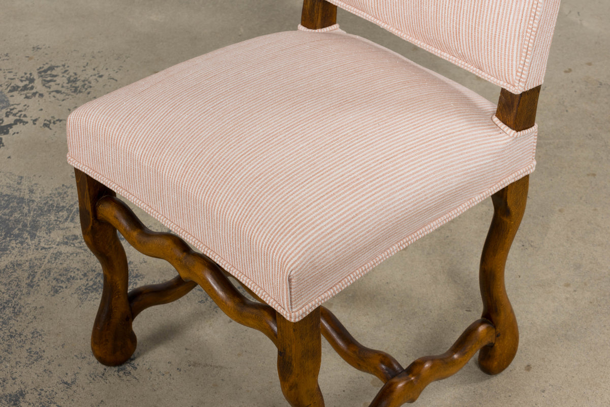 Antique French Louis XIII Style Os De Mouton Oak Dining Chairs in Blush Pink Stripe- Set of 6