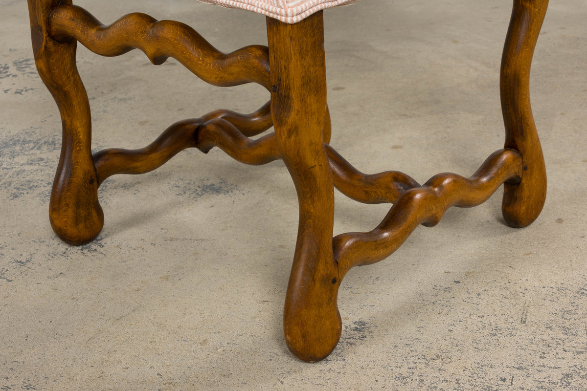 Antique French Louis XIII Style Os De Mouton Oak Dining Chairs in Blush Pink Stripe- Set of 6