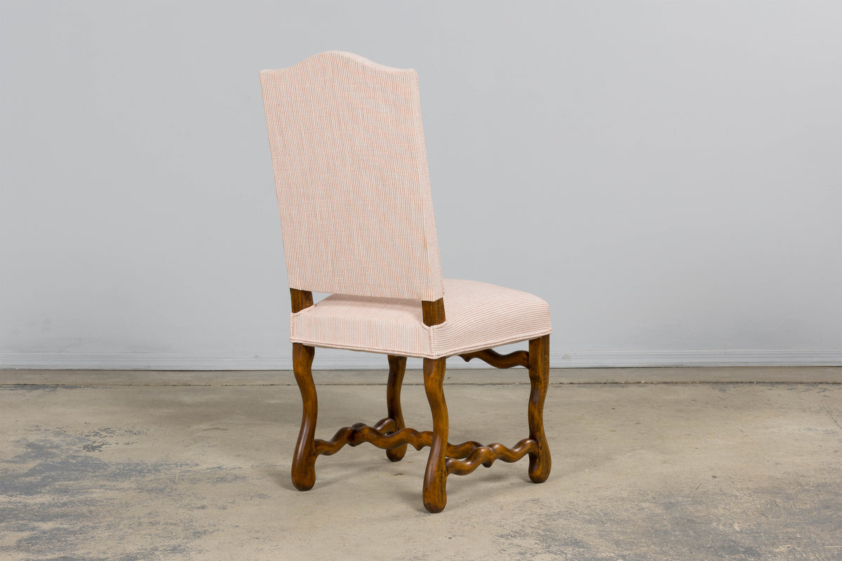 Antique French Louis XIII Style Os De Mouton Oak Dining Chairs in Blush Pink Stripe- Set of 6